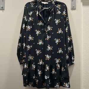 LOFT Navy blue floral long sleeve ruffle dress